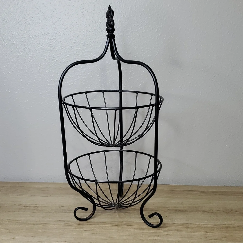Black Metal 2 Tier Fruit Basket Stand Vegetable Basket Stand Bowl